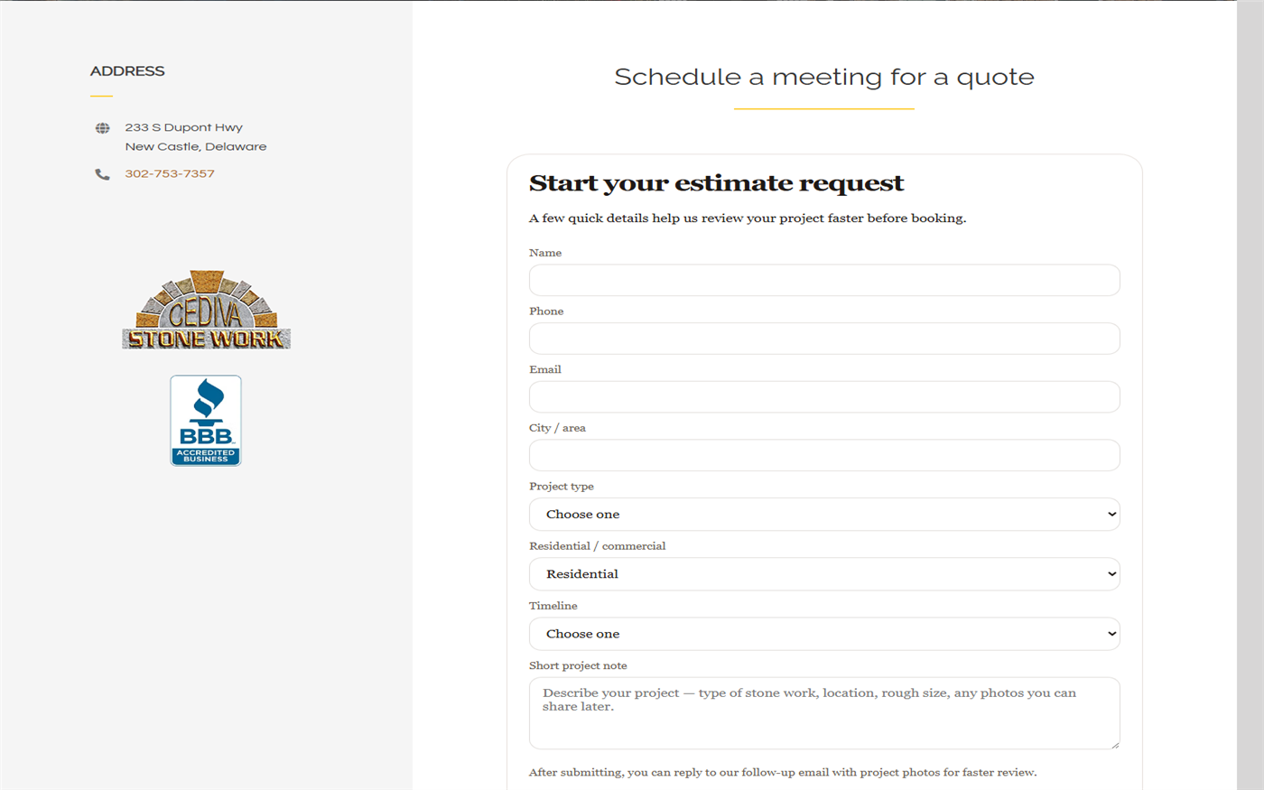 Cediva Stone Work intake automation — live on cedivastonework.com