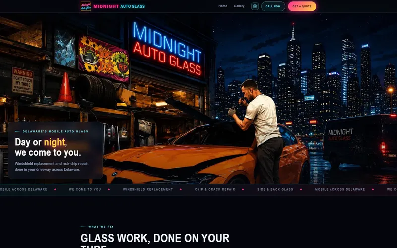 Midnight Auto Glass website, mobile auto glass service in Delaware