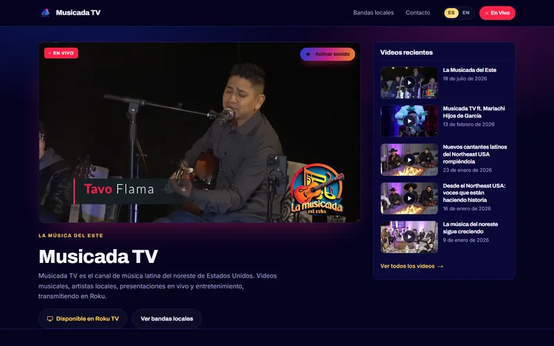 Musicada TV website with the live stream player and recent video library