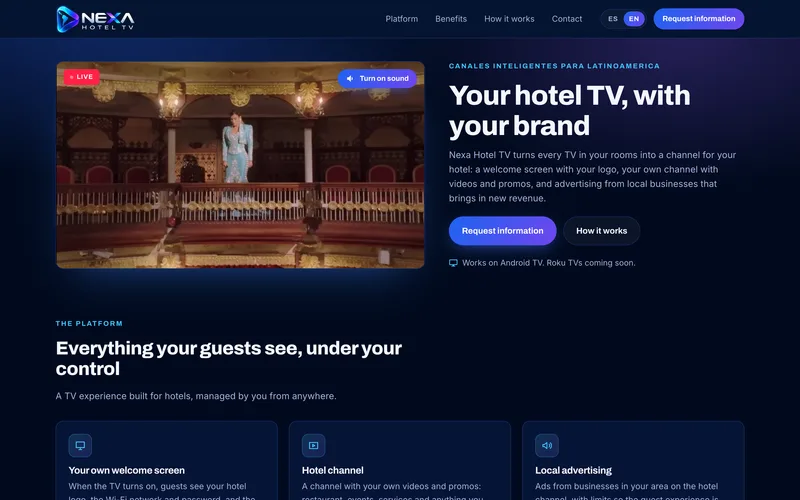 Nexa Hotel TV website with the hotel channel playing live