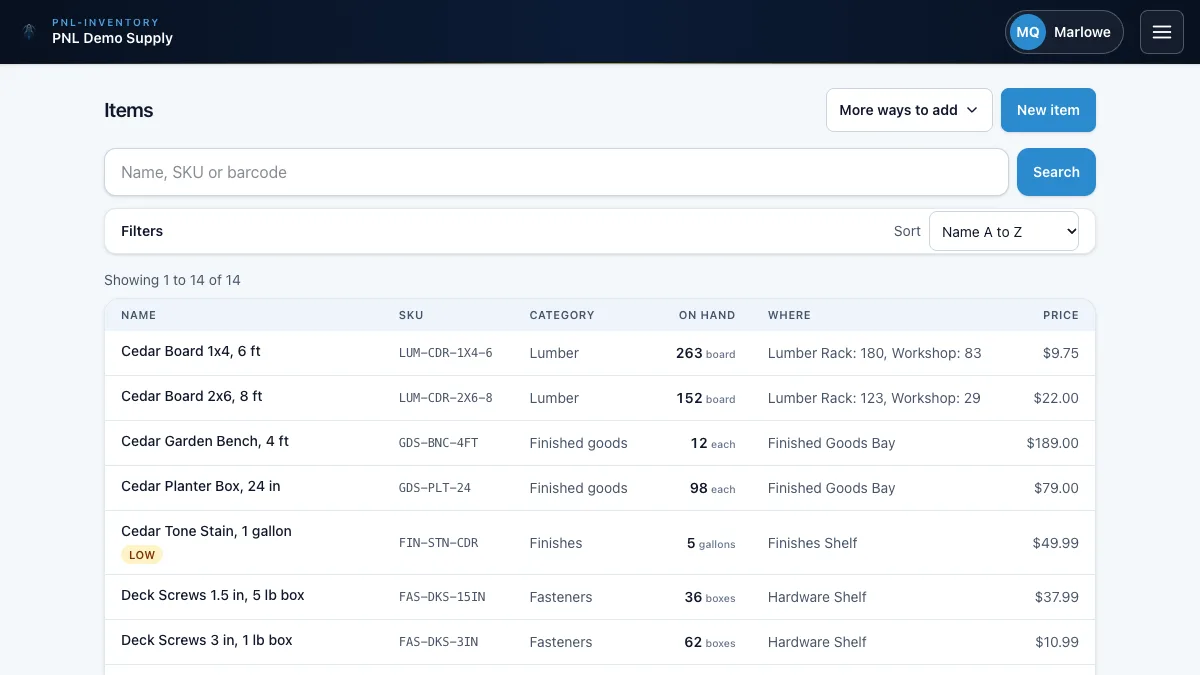 PNL-Inventory items list with on-hand counts, locations, and a low-stock flag. Sample data.