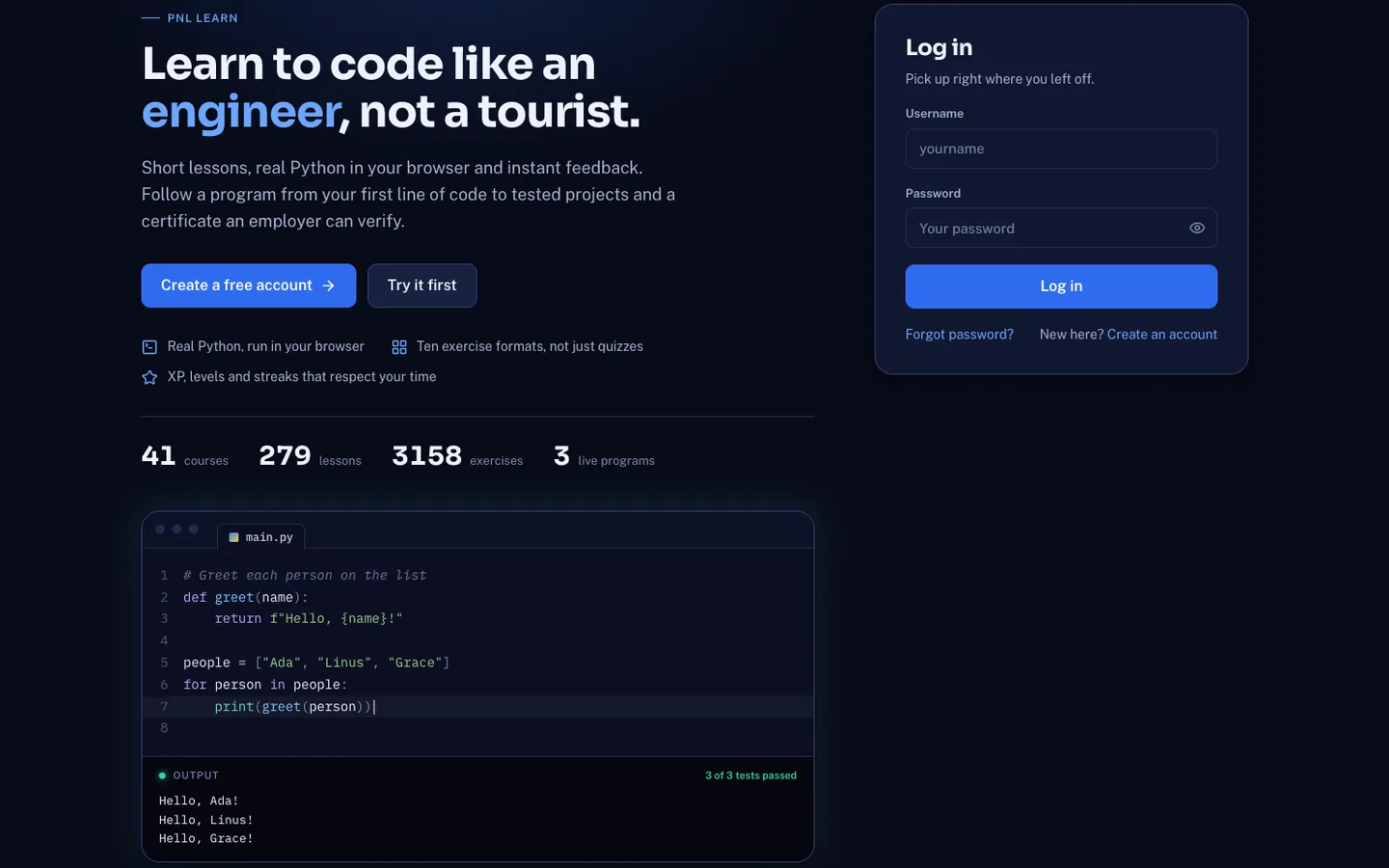 PNL Learn course player running Python in the browser.