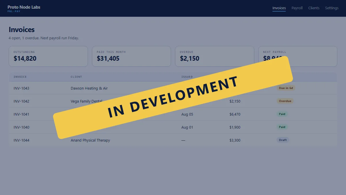 PNL-Pay interface preview, marked in development. Sample data only.