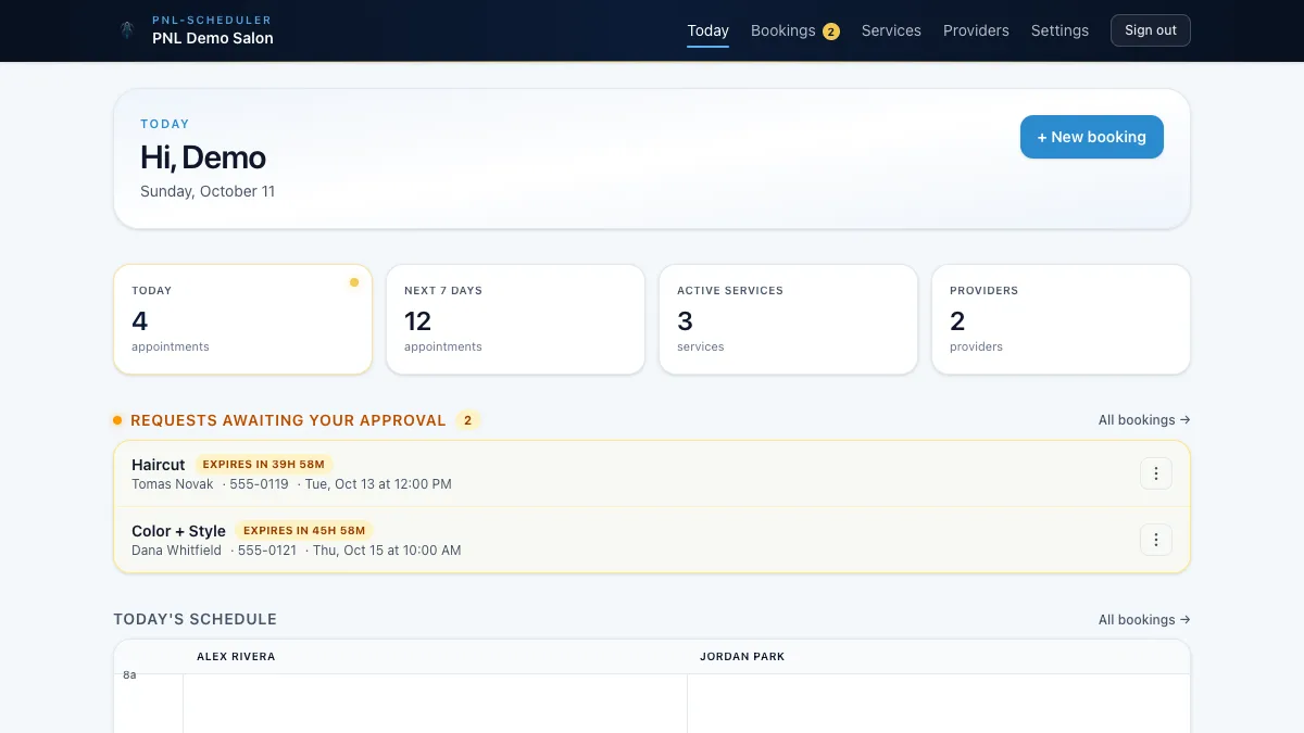 PNL-Scheduler today view with booking requests and a per-provider day calendar. Sample data.